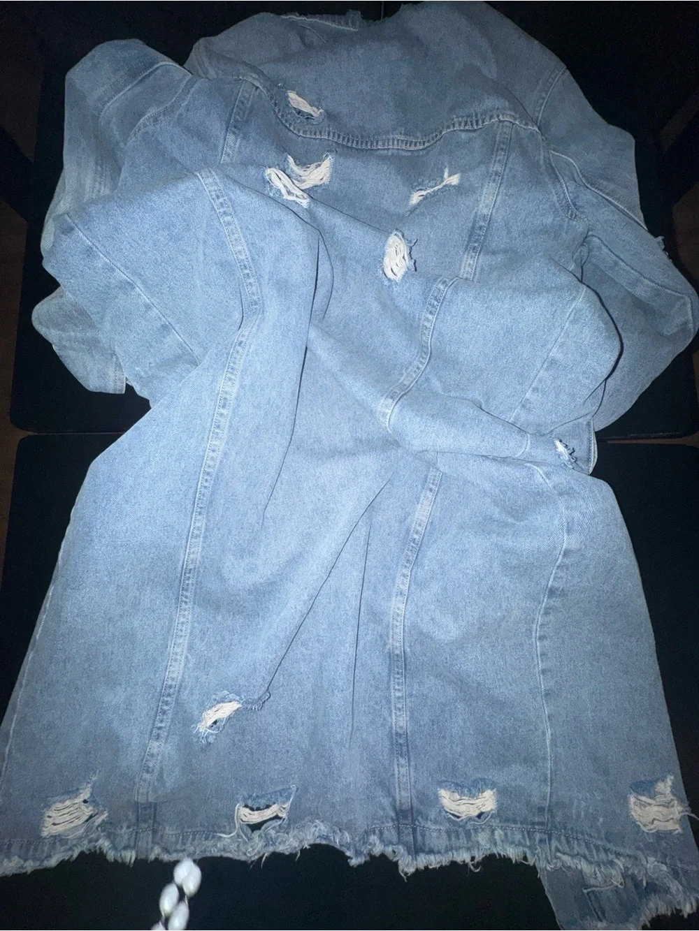 Light Blue Distressed Long Denim Jacket - Women - Picture 3 of 3